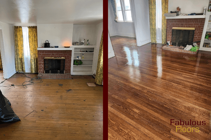 before and after floor refinishing in a living room in seven oaks, sc